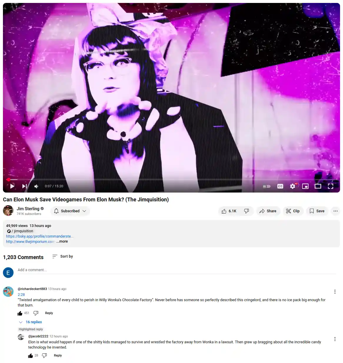 A screenshot of a YouTube video thumbnail showing a person in a black-and-white, heavily filtered image with purple tint and…