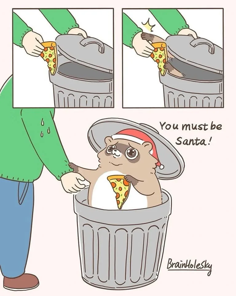 A person in a green sweater tries to throw away a slice of pizza into a trash can, but a surprised-looking hamster wearing a…