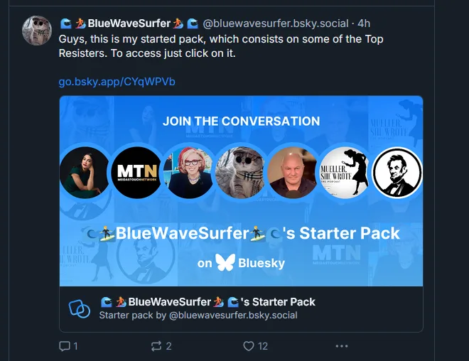 A Bluesky social media post by user BlueWaveSurfer shows a 'Starter Pack' graphic featuring circular profile pictures of…