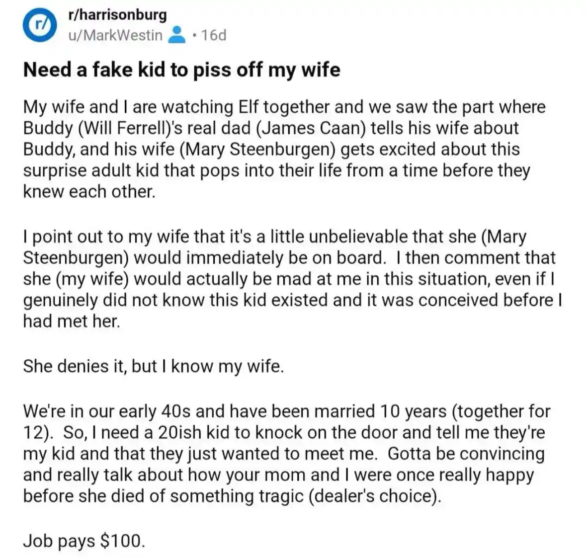 A Reddit post from r/harrisonburg by user u/MarkWestin, dated 16 days ago, describes a humorous situation where the poster…