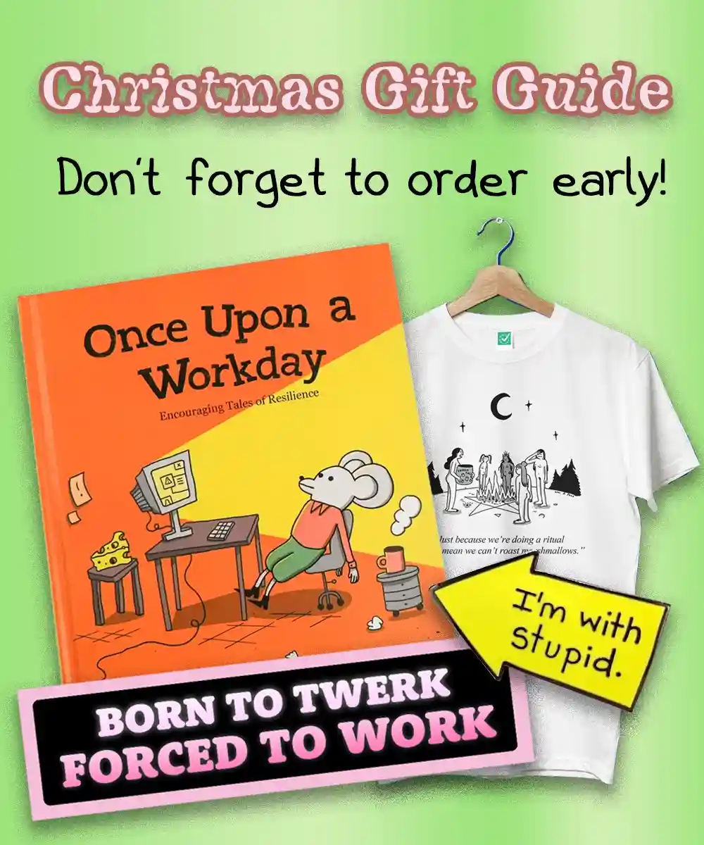 A Christmas gift guide image displays a book titled 'Once Upon a Workday: Encouraging Tales of Resilience' featuring a…