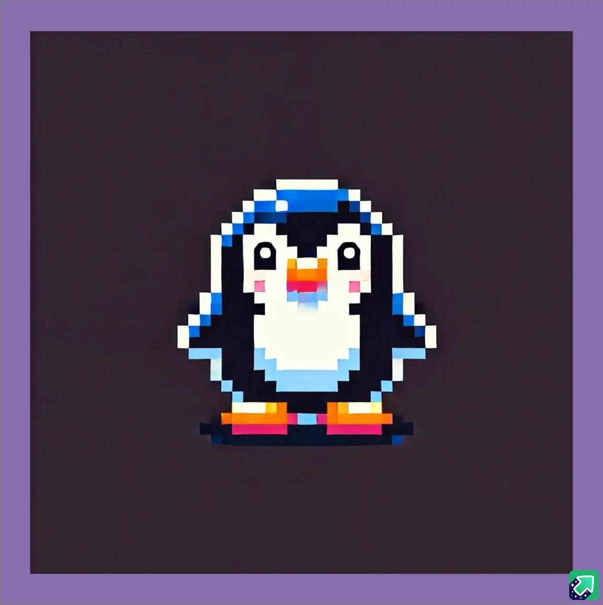 A pixelated, 8-bit style penguin with a black head, white belly, and colorful beak and feet, standing against a dark…