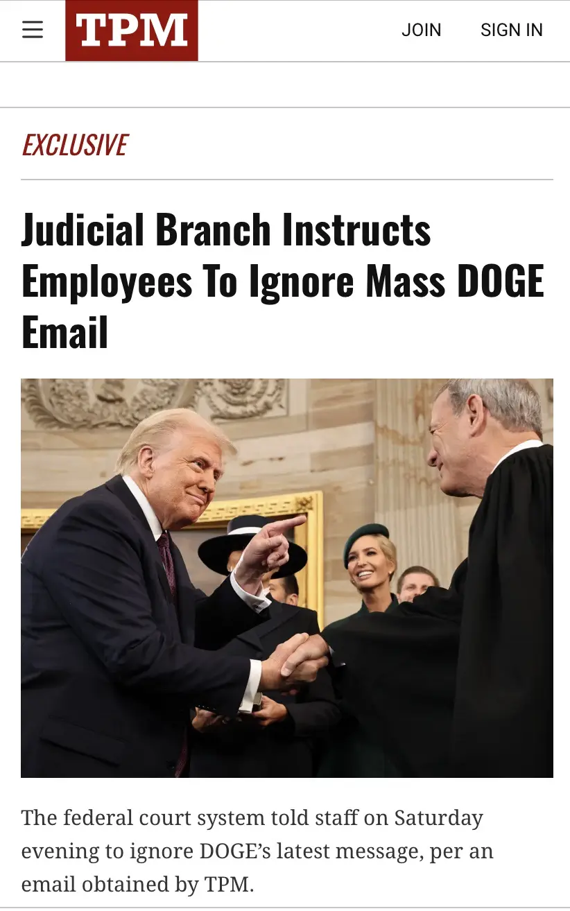 A screenshot of a TPM news article shows a photo of Donald Trump pointing at a man in a judicial robe while shaking hands…
