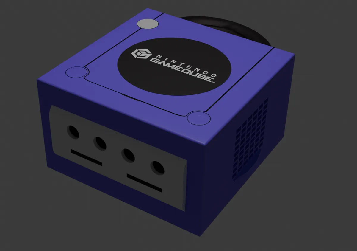 A 3d render of a blue nintendo gamecube console with its logo and ports visible, overlaid with the text 'nintendo gamecube'…