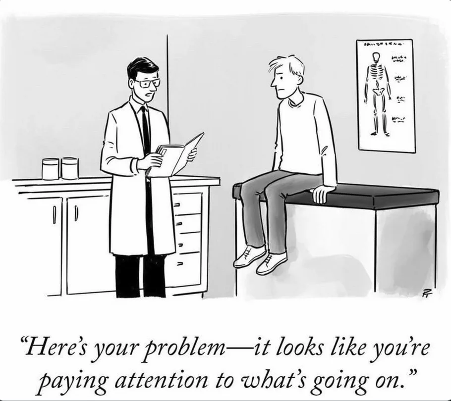 A black-and-white cartoon depicts a doctor in a lab coat holding a clipboard while speaking to a patient sitting on an…