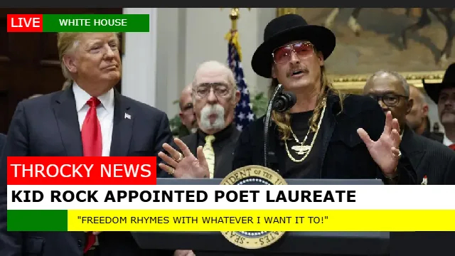 A still from a White House press conference shows Donald Trump standing beside Kid Rock, who is wearing a black hat and…