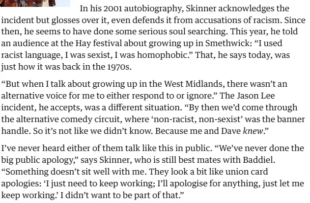 A screenshot of a newspaper article featuring a quote from comedian David Baddiel discussing his past use of racist language…