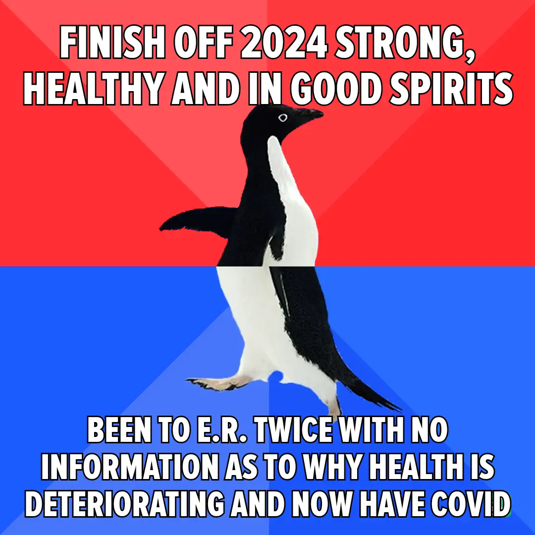 A penguin stands centered against a red and blue background, with bold white text above reading 'FINISH OFF 2024 STRONG…