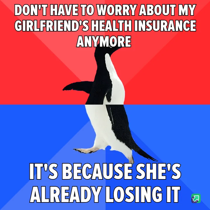 A penguin stands upright against a red and blue background, with bold white text overlaid. The top text reads 'DON'T HAVE TO…