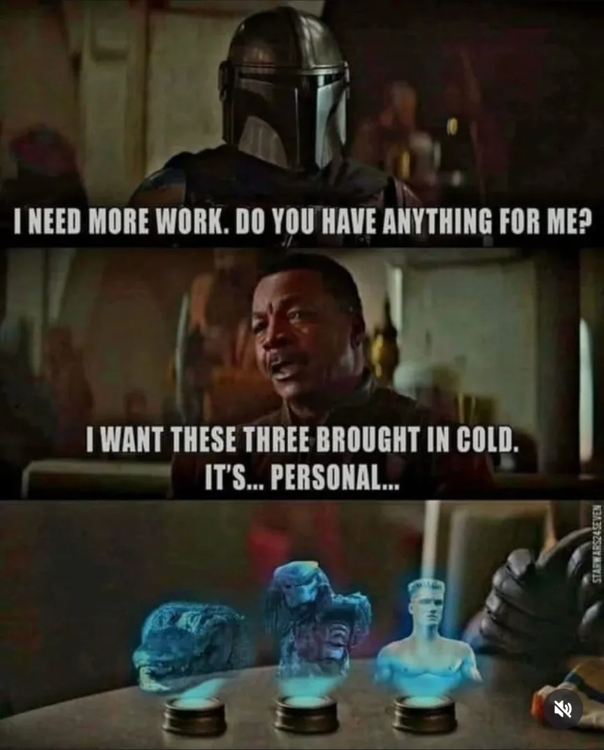 The meme features three panels: the first shows The Mandalorian asking for work; the second shows a man (from 'The Wire')…