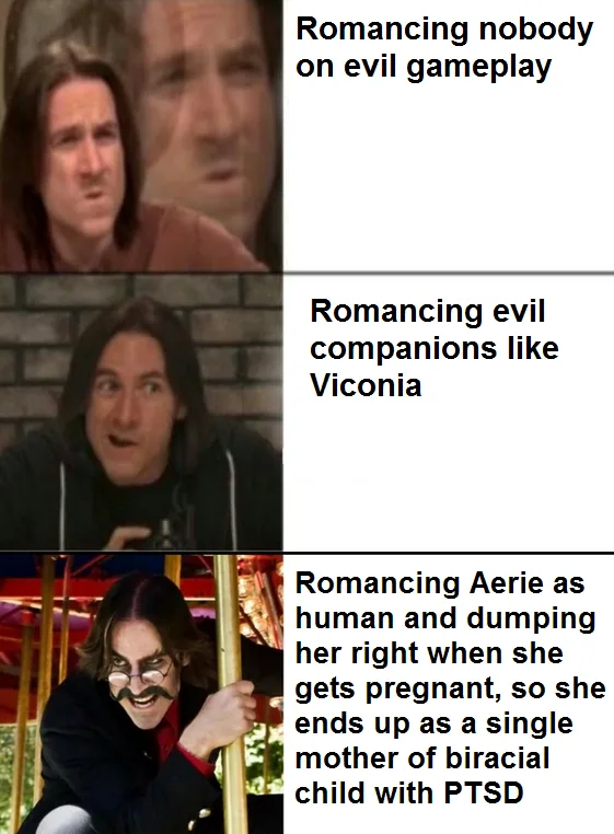 A three-panel meme featuring a man with long dark hair in different expressions. Top panel shows him looking annoyed, middle…