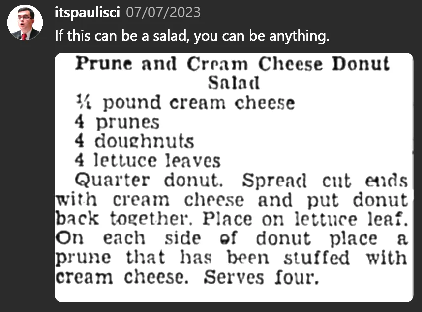 A screenshot of a social media post showing a recipe titled 'Prune and Cream Cheese Donut Salad' that lists ingredients like…