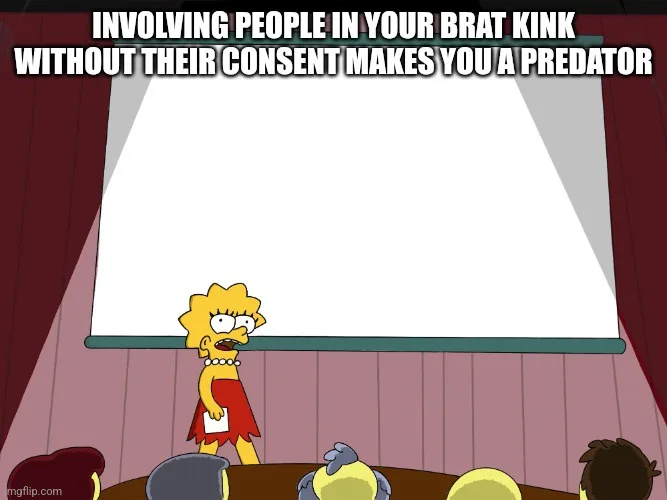 Lisa Simpson stands on a stage in front of a blank projection screen, holding a piece of paper, addressing an audience whose…