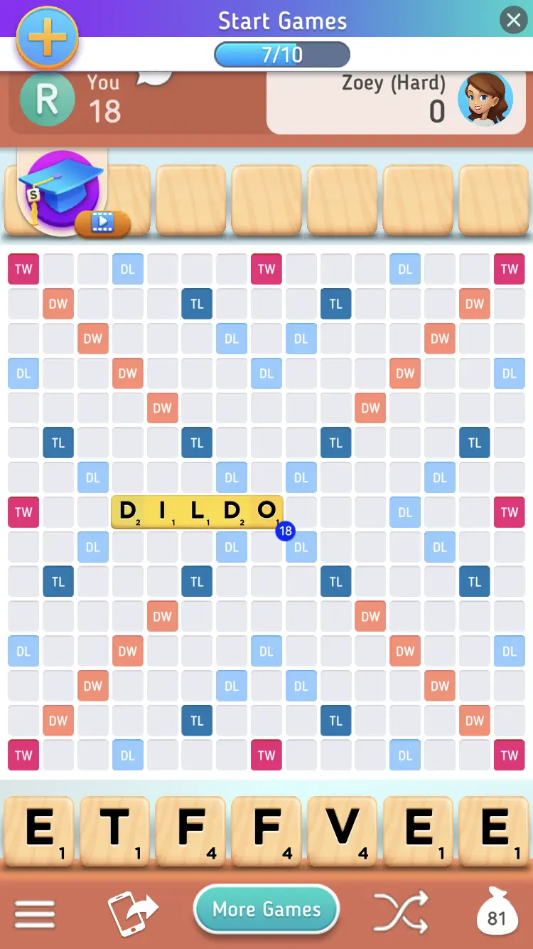 A screenshot of a Scrabble-like word game shows a horizontal word 'DILDO' spelled out in yellow tiles on the board, with a…