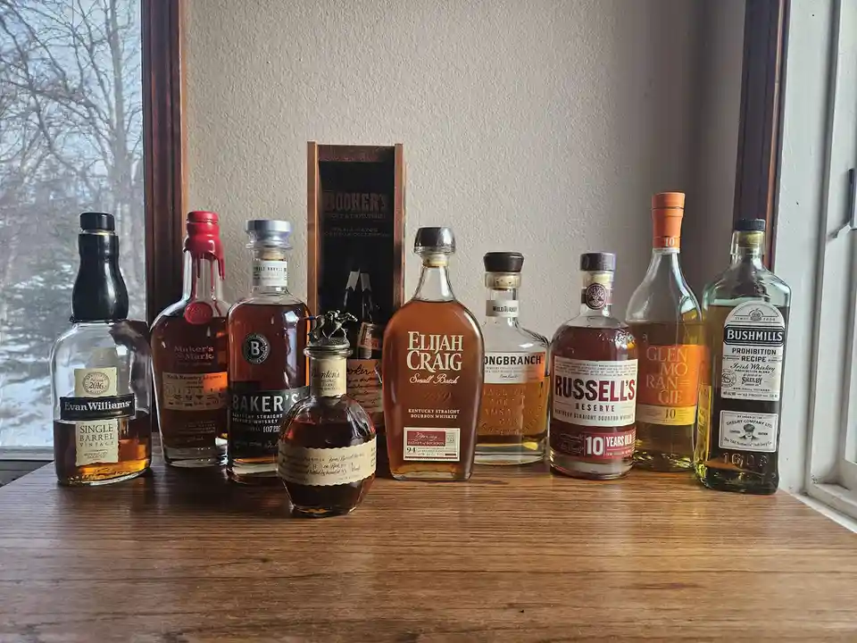 A row of various whiskey bottles, including Evan Williams, Maker's Mark, Baker's, Elijah Craig, Wild Turkey, Russell's…