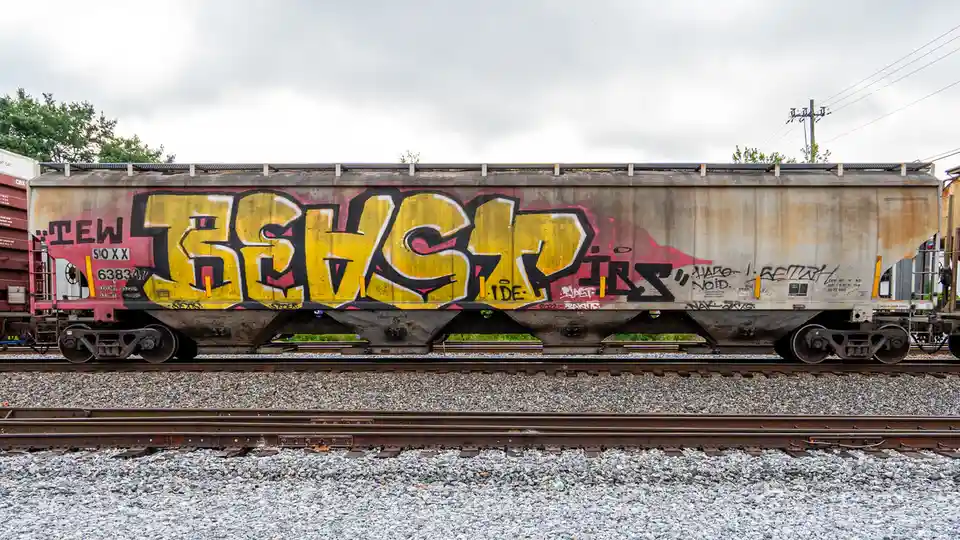 A weathered freight train car covered in graffiti, prominently featuring large yellow letters spelling 'BENCH PIRLS' with…