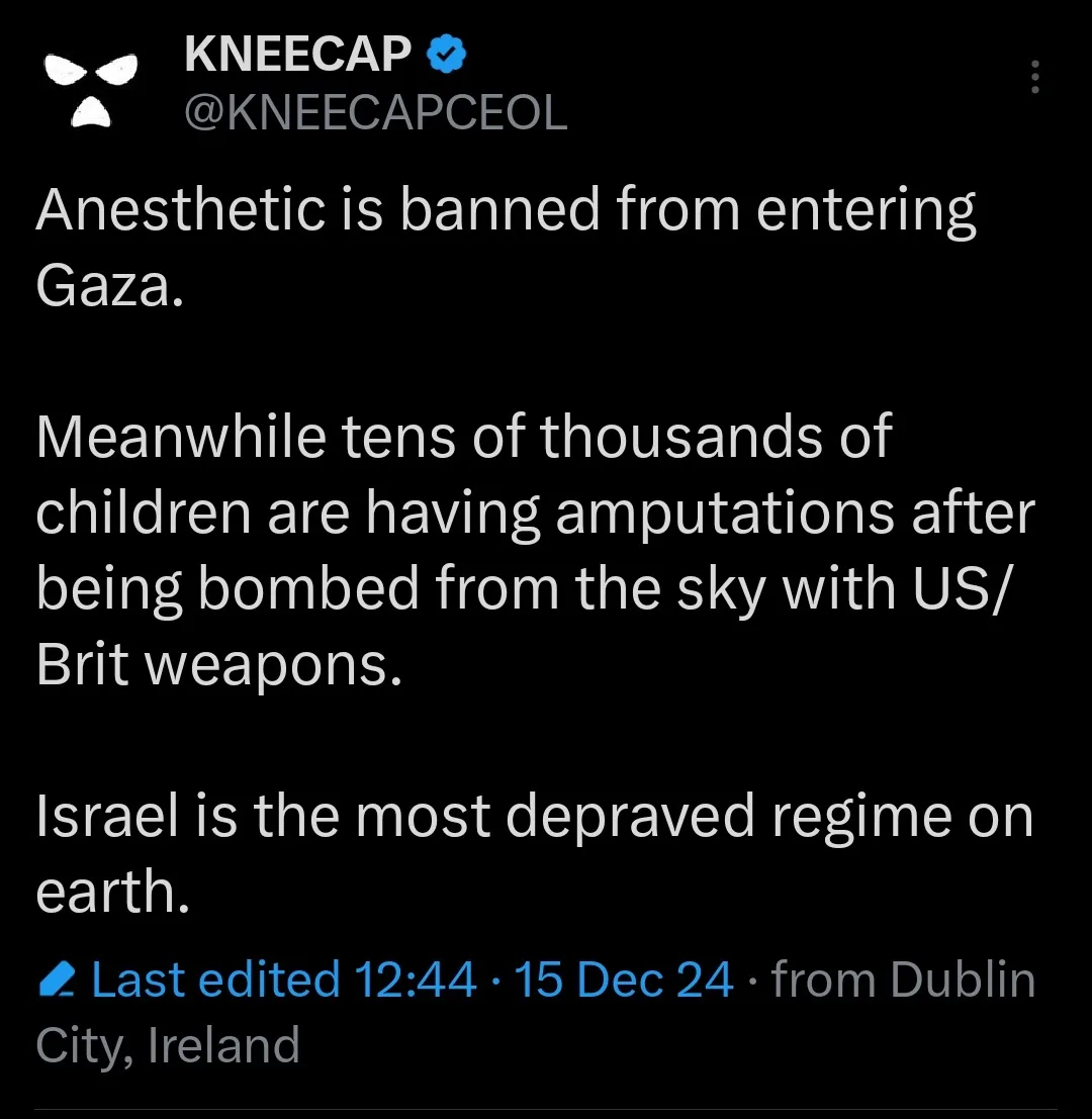 A screenshot of a tweet from verified account KNEECAP (@KNEECAPCEOL) with white text on a black background. The tweet states…