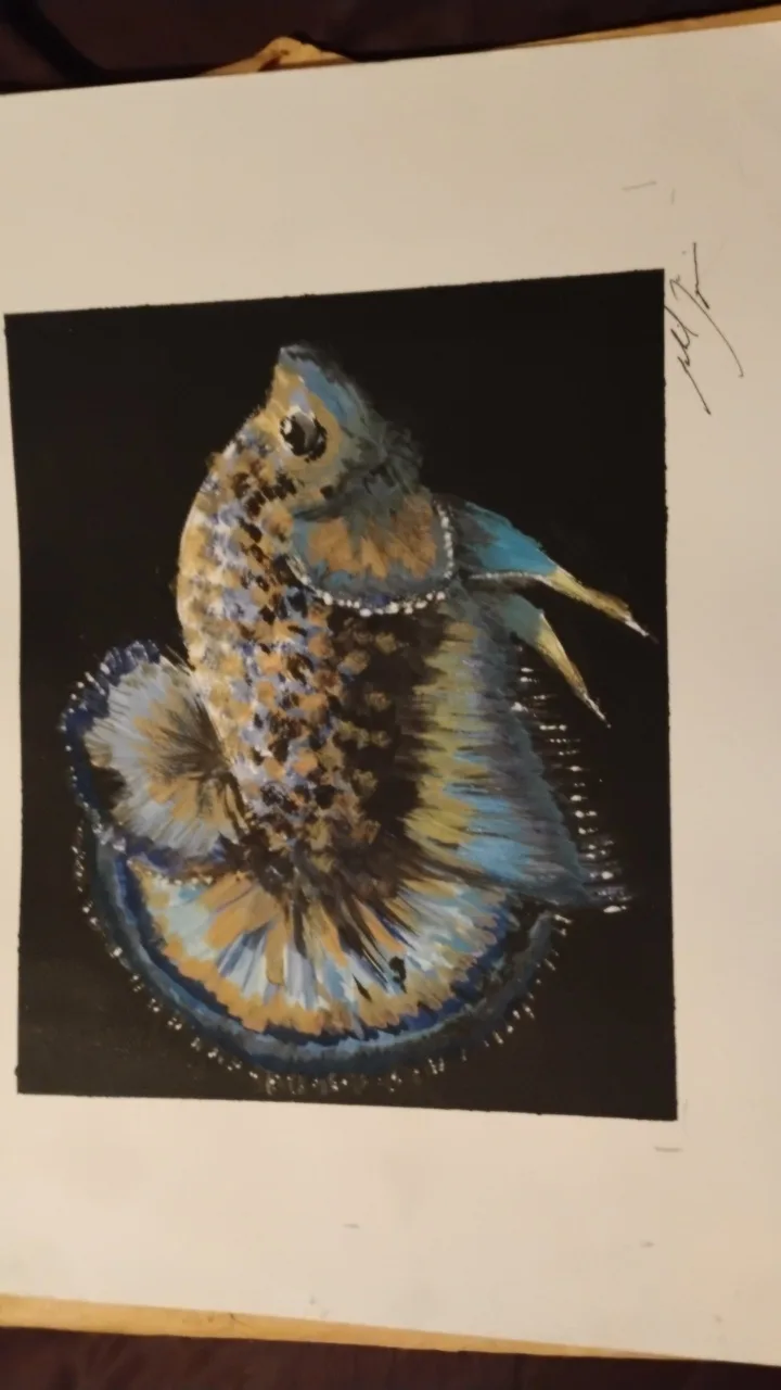 A hand-drawn painting of a colorful fish with blue, gold, and black scales, set against a black background, with the text…