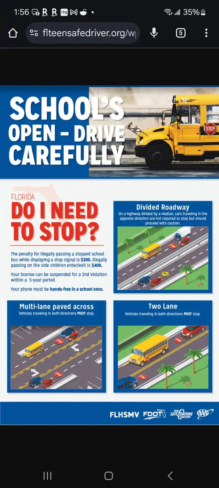 A Florida Department of Highway Safety and Motor Vehicles infographic titled 'SCHOOL'S OPEN - DRIVE CAREFULLY' shows a…