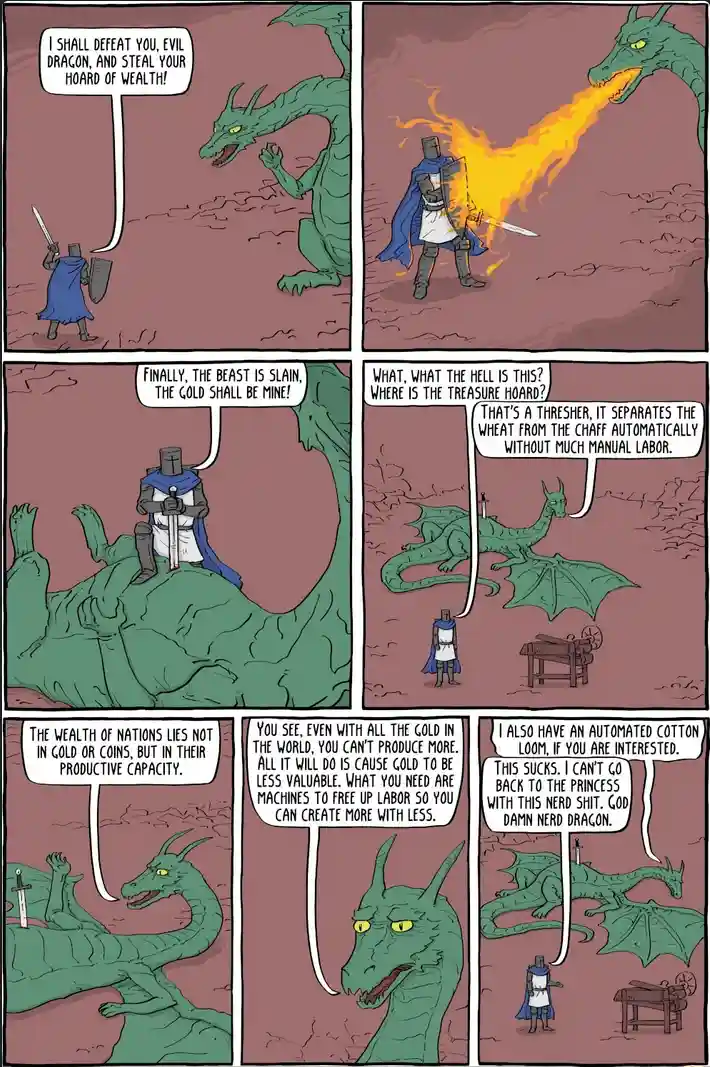 A comic strip shows a knight confronting a dragon, who instead of treasure, reveals industrial machinery like a thresher and…
