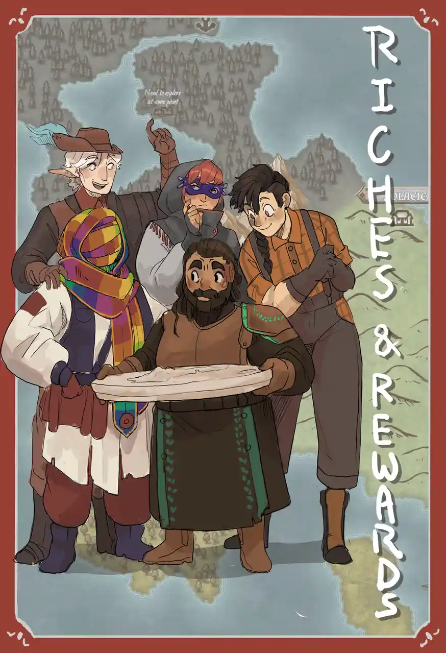 A group of five fantasy adventurers stands before a map, with one holding a large, empty plate. The map in the background…