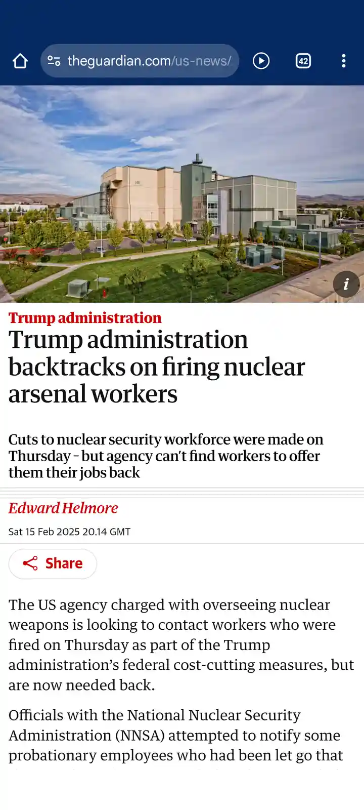 A screenshot of a The Guardian news article shows a photo of a large, modern nuclear facility with green landscaping. The…