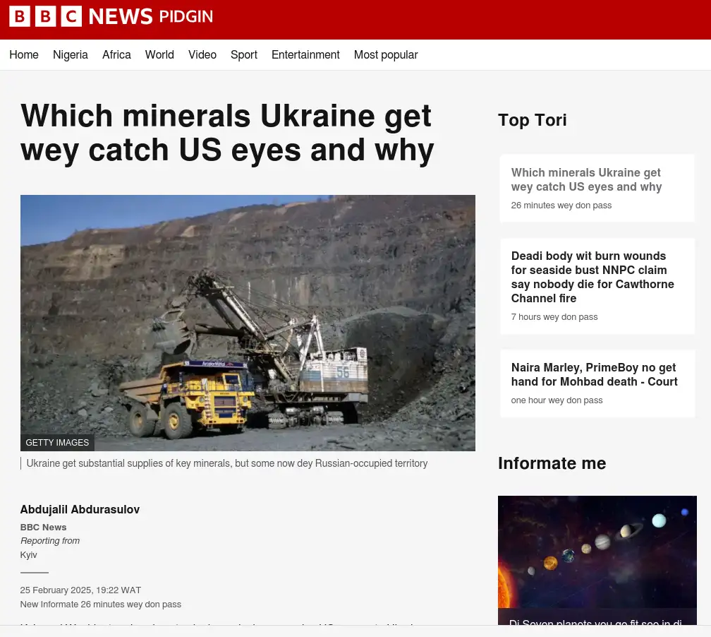 A screenshot of a BBC News webpage with a headline in pidgin English reading 'Which minerals Ukraine get wey catch US eyes…