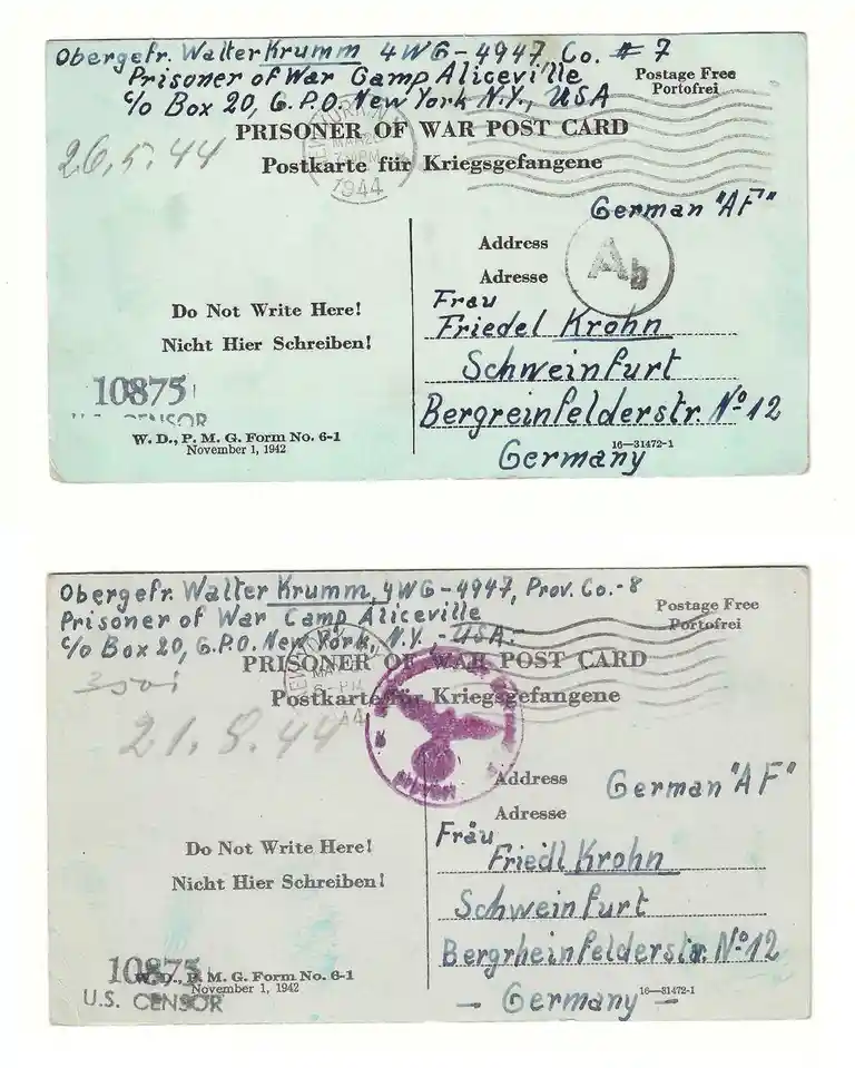 Two World War II-era prisoner of war postcards show the same German prisoner, Walter Krumm, sending letters to his wife…