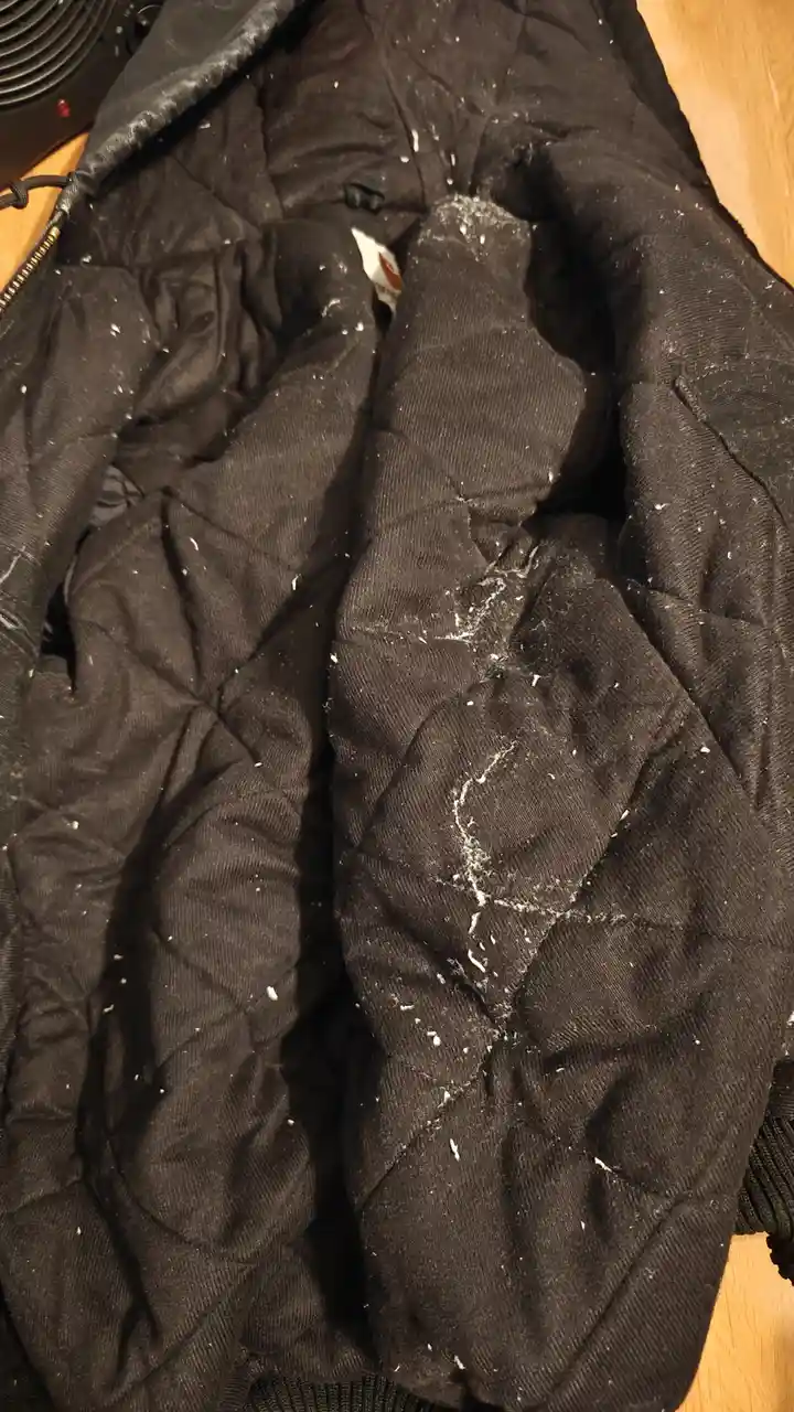 A close-up photo shows a black quilted jacket covered in white fluff, resembling snow, with a visible zipper and a small…