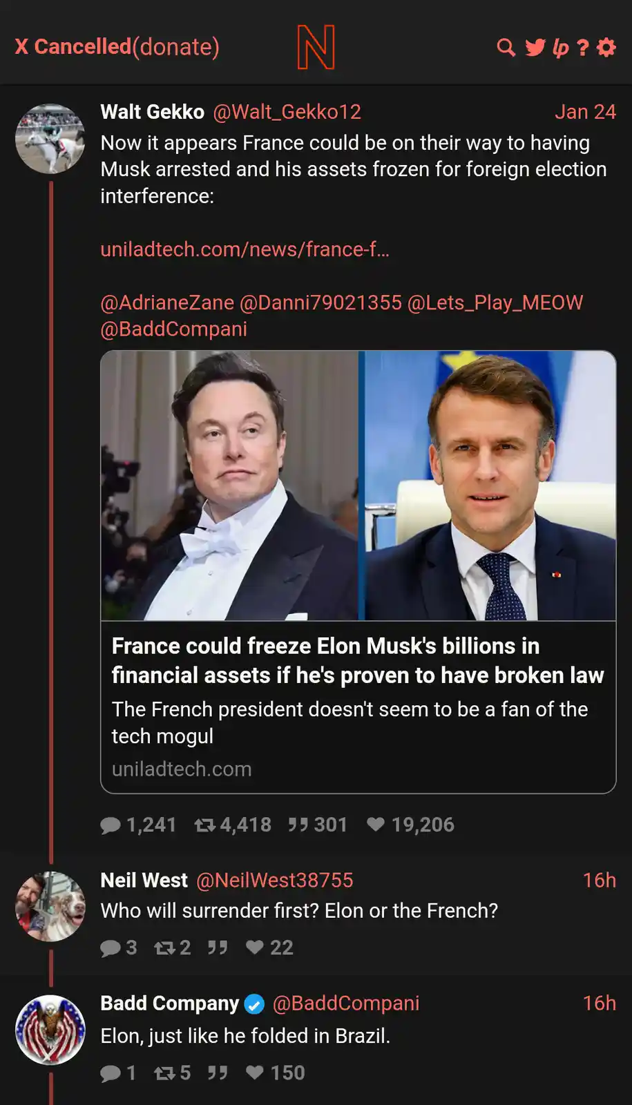 A screenshot of an X (Twitter) post showing side-by-side photos of Elon Musk in a tuxedo and French President Emmanuel…