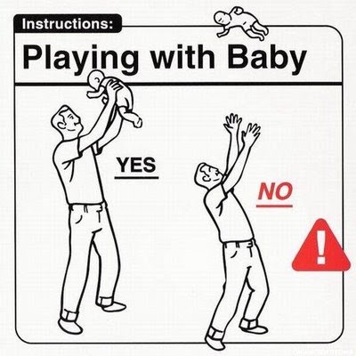 A black-and-white illustrated guide titled 'Instructions: Playing with Baby' shows two men interacting with a baby. On the…