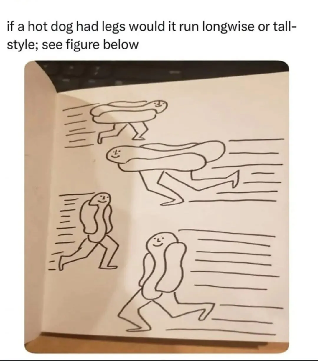 A hand-drawn sketch in a notebook shows four cartoon hot dogs with legs running in different directions. The top hot dog…