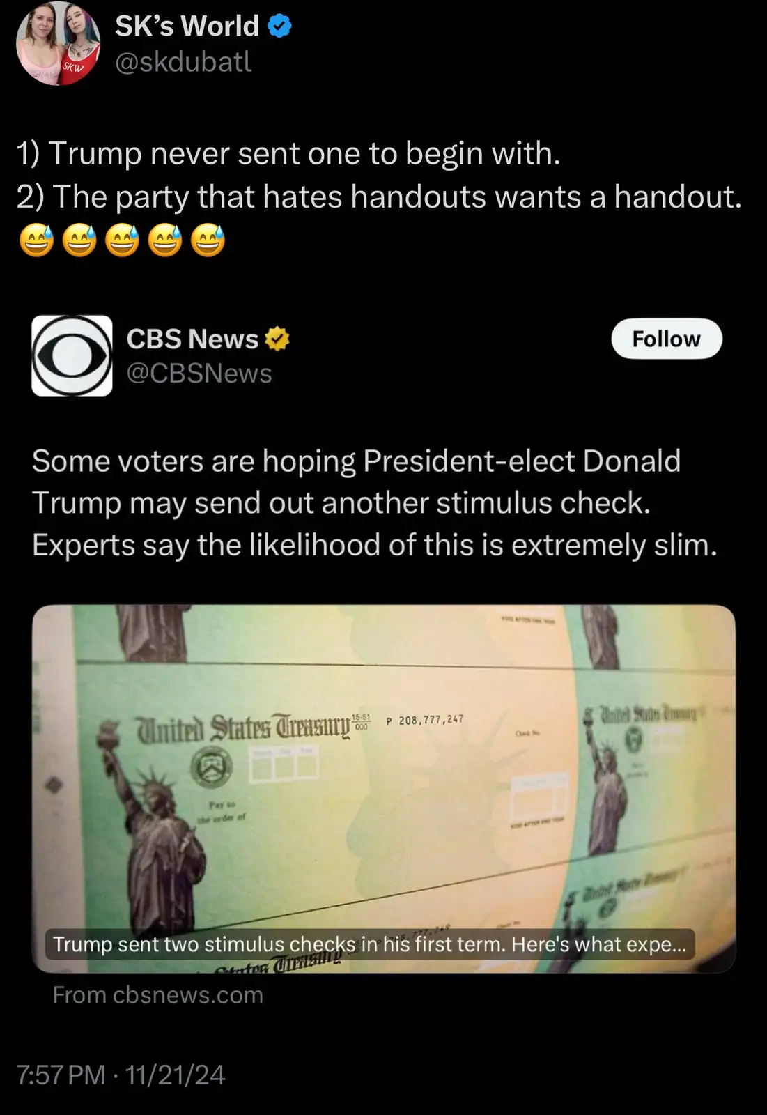 A screenshot of a Twitter post by 'SK's World' overlaid on a CBS News tweet about voters hoping for another stimulus check…