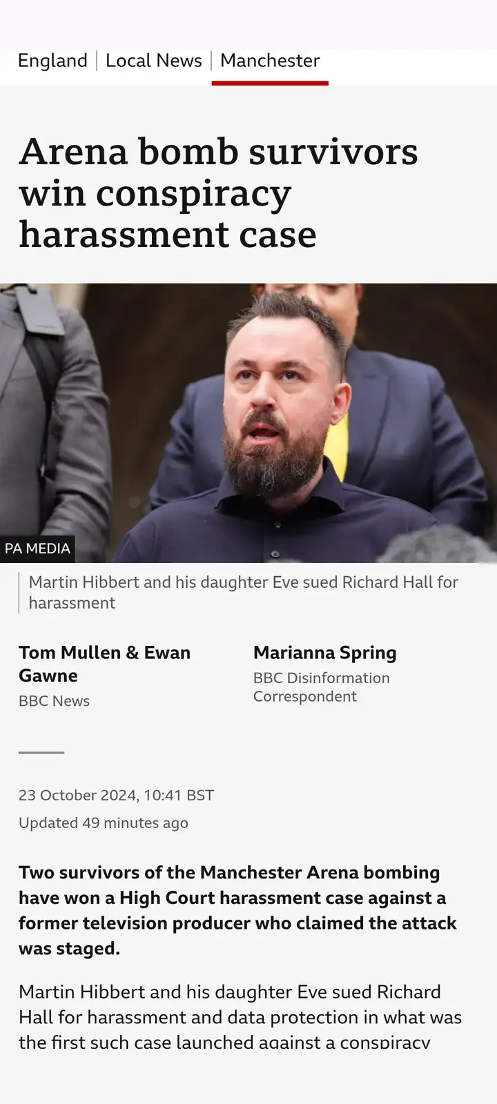 A screenshot of a BBC News article about Manchester Arena bombing survivors winning a harassment case against a man who…