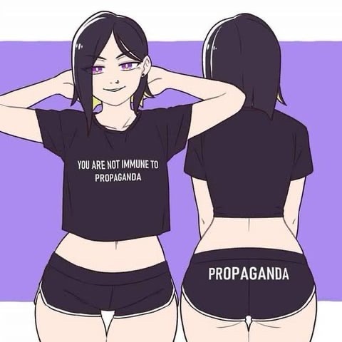 An anime-style illustration shows a woman from the front and back. She wears a black crop top with the text 'YOU ARE NOT…