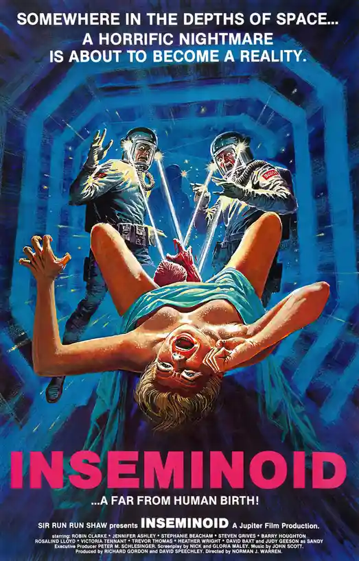 This is a movie poster for the fictional film 'Inseminoid,' featuring a woman in a blue dress floating upside down with a…