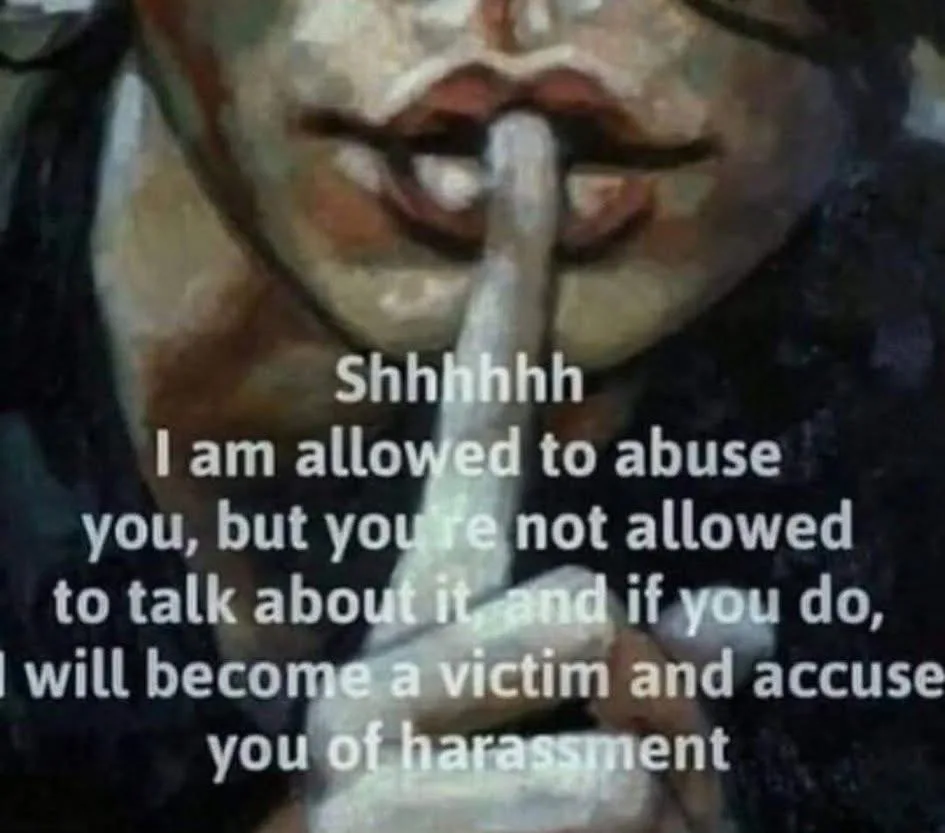 A close-up image of a person with their finger pressed to their lips in a 'shhh' gesture, overlaid with white text that…