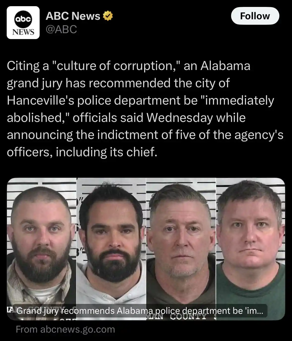 The image displays a screenshot of an ABC News tweet about a grand jury recommending the abolition of Hanceville, Alabama's…