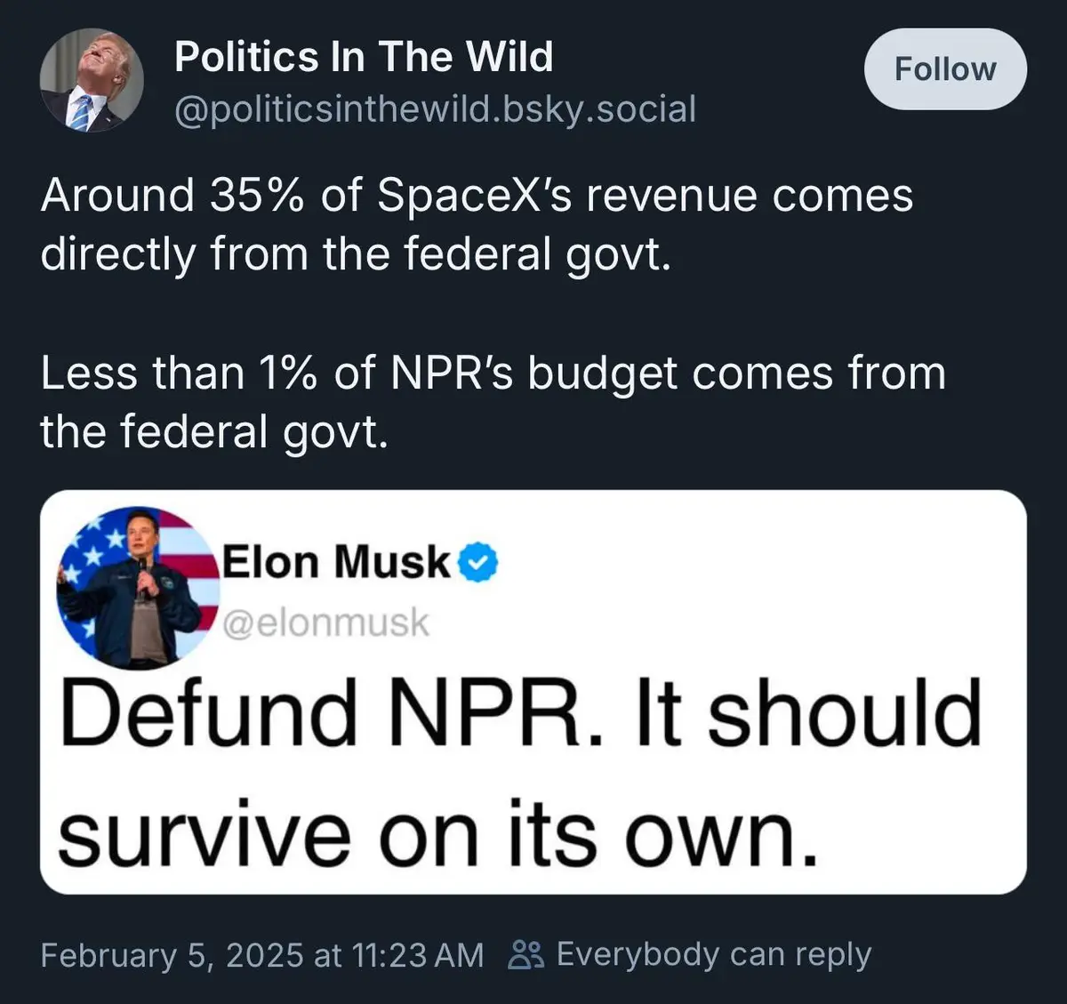 A screenshot of a social media post by 'Politics In The Wild' displays two statistics: 'Around 35% of SpaceX's revenue comes…