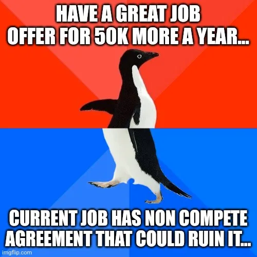 A penguin stands in a split-screen image with a red top half and blue bottom half. The top half has white text reading 'HAVE…