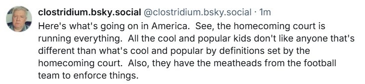 A screenshot of a tweet from clostridium.bsky.social showing a man's profile picture and text overlaid on a white…