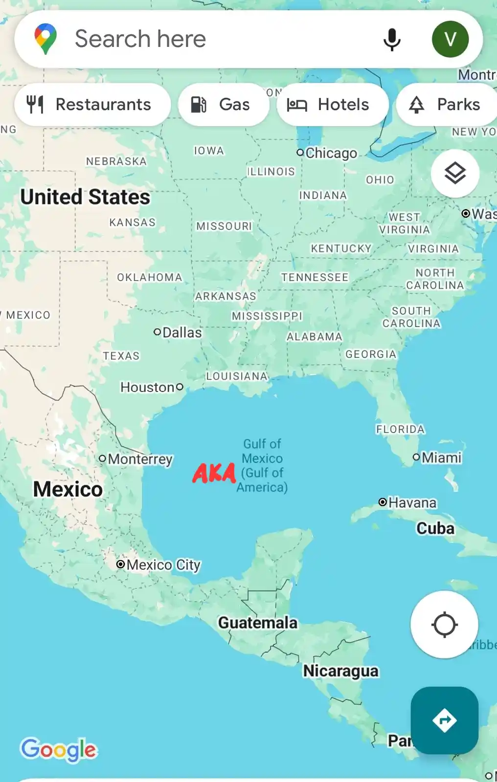 A screenshot of a Google Maps interface showing the Gulf of Mexico with the text 'AKA (Gulf of America)' overlaid in red…