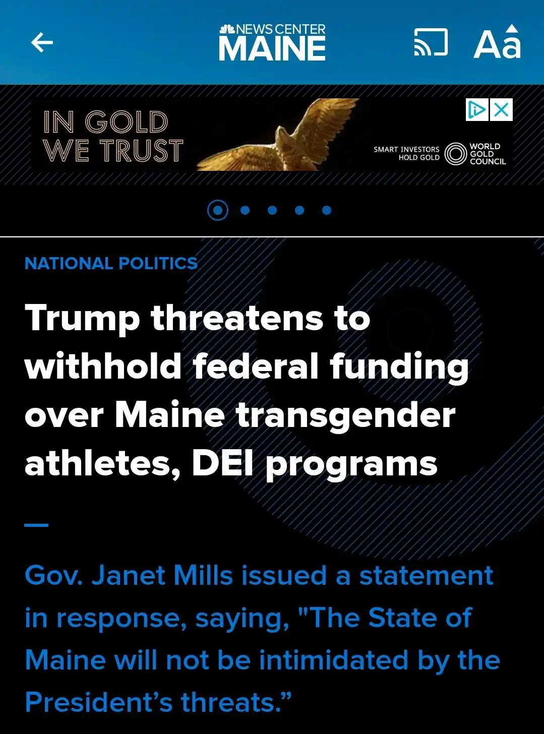 A screenshot of a news article from NBC News Center Maine shows a headline about Trump threatening to withhold federal…