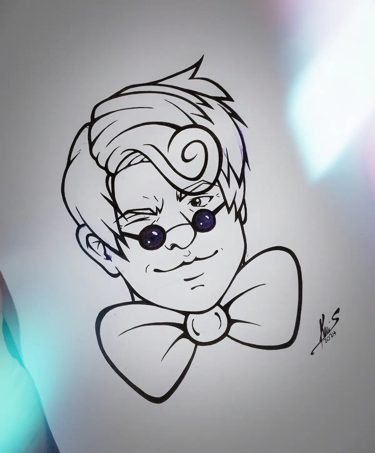 A hand-drawn cartoon portrait of a character with spiky hair, round glasses with purple lenses, and a large bow tie, drawn…