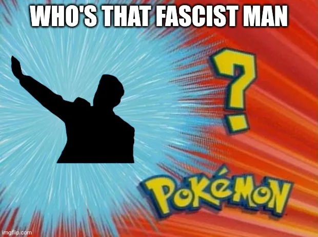 A black silhouette of a man raising his right arm in a Nazi salute is centered against a comic-book style background with…
