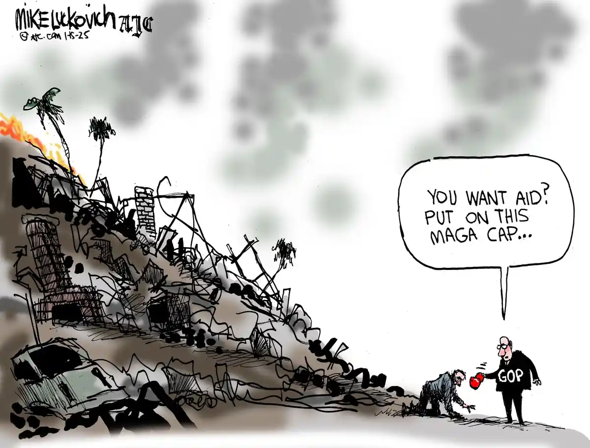 A cartoon depicts a man in a 'GOP' jacket offering a red MAGA cap to a person crawling through rubble and debris from a…