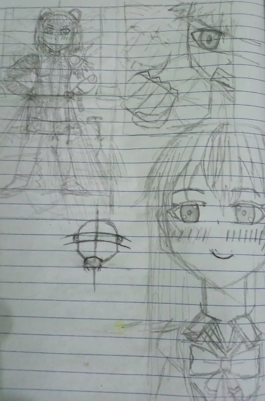A close-up photo of a lined notebook page filled with various rough pencil sketches of anime-style characters, including a…