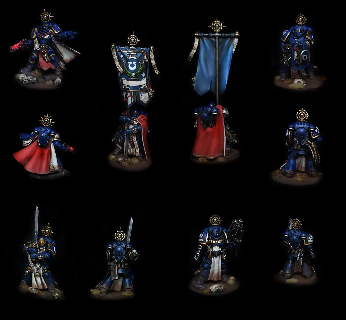 A grid of nine painted miniature figures from the Warhammer 40,000 universe, all clad in blue power armor with gold trim and…