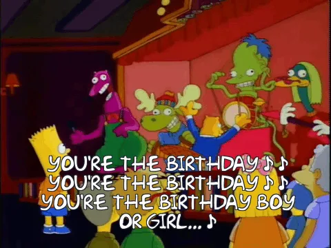 The image shows a scene from The Simpsons where Bart Simpson is surrounded by a group of animated, colorful, cartoonish…
