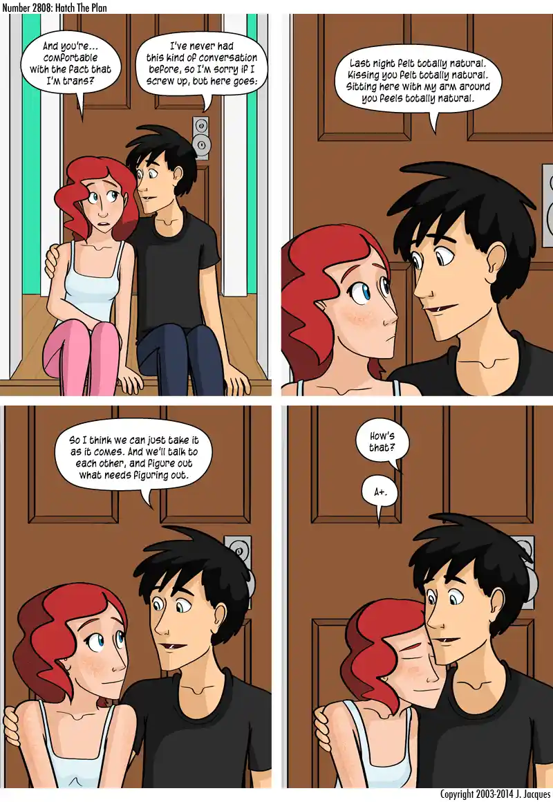 A four-panel comic strip shows a red-haired woman and a black-haired man in an intimate conversation. The man nervously asks…